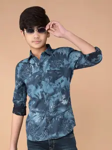 Crimsoune Club Boys Classic Fit Spread Collar Floral Printed Cotton Casual Shirt