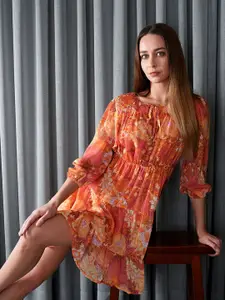 ONLY Floral Print Tie-Up Neck Puff Sleeve A-Line Dress