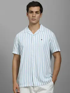 Louis Philippe Jeans Men Cuban Collar Vertical Striped Cotton Casual Shirt