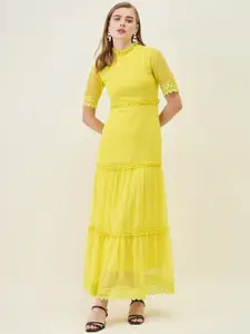 aayu Self Design Ruffles Georgette Lace Inserts Tiered Maxi Dress