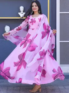 Raiyani Fashion Floral Print Crepe Fit & Flare Ethnic Dress With a Dupatta