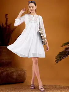 all about you Women Floral Embroidered Puff Sleeve Fit & Flare Dress