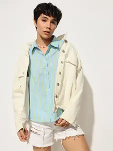 ONLY Women Spread Collar Vertical Striped Cotton Casual Shirt