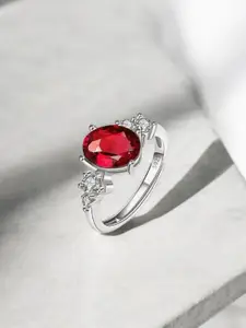 MYKI Silver-Plated Cubic Zirconia-Studded Valentine Love Adjustable Finger Ring