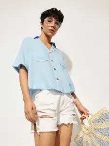 ONLY Women ONLANUSHY Boxy Fit Spread Collar Solid Linen Casual Shirt