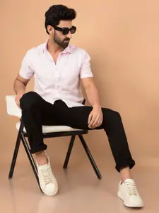 Crimsoune Club Men Classic Slim Fit Spread Collar Vertical Striped Cotton Casual Shirt