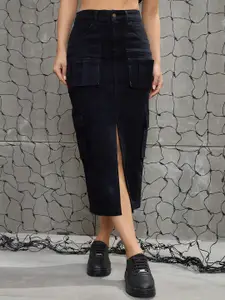 SASSAFRAS Women Black Denim Box pocket Pencil Midi Skirts