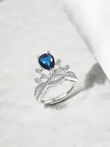 MYKI Silver-Plated Stainless Steel Cubic-Zirconia-Studded Adjustable Ring