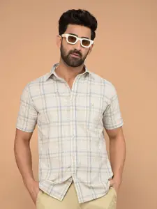 Crimsoune Club Men Classic Slim Fit Spread Collar Tartan Checked Cotton Casual Shirt