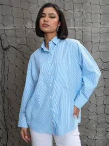 SASSAFRAS Women Relaxed Fit Spread Collar Vertical Striped Casual Shirt