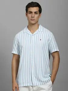 Louis Philippe Jeans Men Cuban Collar Vertical Striped Cotton Casual Shirt