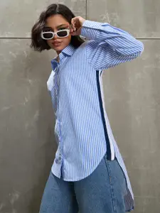 SASSAFRAS Women Sport Relaxed Fit Spread Collar Vertical Striped Casual Shirt