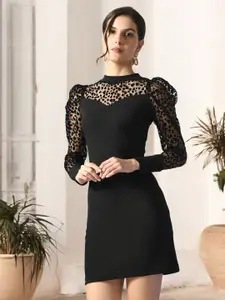 IUGA Solid Self Design Puff Sleeve Bodycon Mini Dress