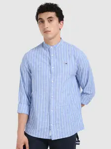 Tommy Hilfiger Men Band Collar Vertical Striped Cotton Casual Shirt