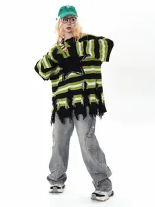 DressBerry Women Colourblocked Striped Fringed Oversized Pullover Sweater