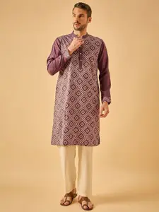 House of Pataudi Geometric Printed Mandarin Collar Foil Print Straight Kurta