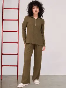 all about you Self Designed Shirt Collar Top With Trousers Co-Ords Set