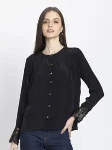 SHAYE Women Relaxed Fit Collarless Solid Viscose Casual Shirt