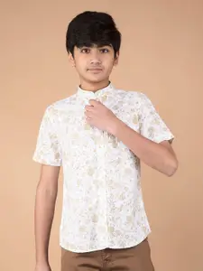 Crimsoune Club Boys Classic Slim Fit Band Collar Floral Printed Cotton Casual Shirt