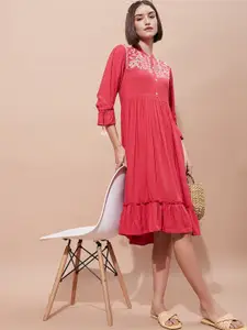 all about you Women Floral Embroidered Puff Sleeve Fit & Flare Dress