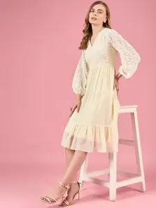 all about you Embroidered Puff Sleeve Georgette Fit & Flare Midi Dress