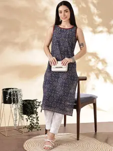 Anouk Navy Blue Ethnic Motifs Printed Boat Neck Straight Kurta