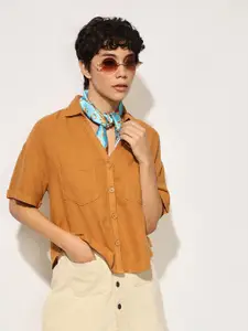 ONLY Women ONLANUSHY Boxy Fit Spread Collar Solid Linen Casual Shirt