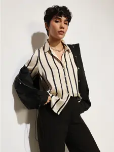 ONLY Women onld TWIST Spread Collar Vertical Striped Satin Casual Shirt