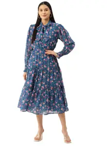 DressBerry Women Floral Print Tie-Up Neck Puff Sleeve Tiered A-Line Midi Dress