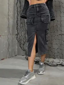 SASSAFRAS Women Grey Washed Denim Box Pocket Midi Skirt