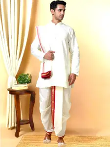 TATTVA Mandarin Collar Art Silk Straight Kurta With Pyjamas & Dhoti Pants & Dupatta