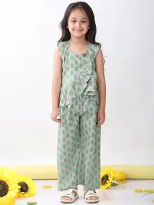 Sangria Girls Printed Round Neck Pure Cotton Top With Palazzo