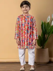 Readiprint Boys Floral Printed Band Collar Chanderi Silk Kurta With Pyjama