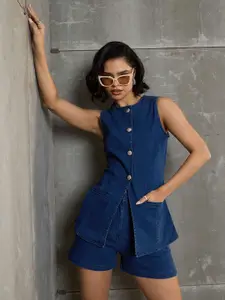 SASSAFRAS Denim Front Open Sleeveless Pure Cotton Top With Shorts