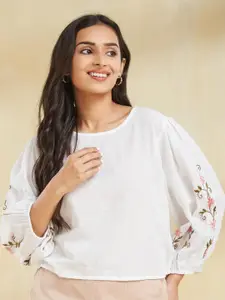 Fabindia Women Embroidered Puff Sleeves Round Neck Cotton Crop Top