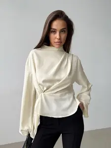 MIAKEE Women High Neck Flared Sleeves Twisted Cinched Waist Top