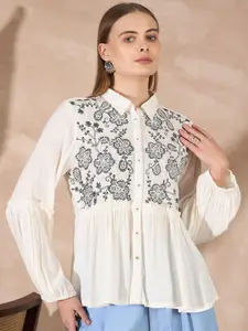 all about you Women Floral Embroidered Shirt Collar Top