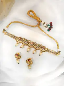Niscka 24K Gold Plated Artificial Stones and Beads -Studded Necklace With Drop Earrings