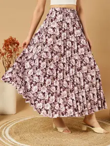 ZWERLON Women Floral Printed & Pleated Maxi Skirt