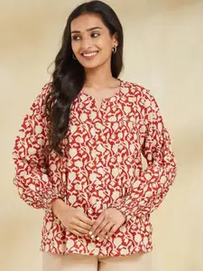 Fabindia Women Floral Printed Puff Sleeve Cotton Top