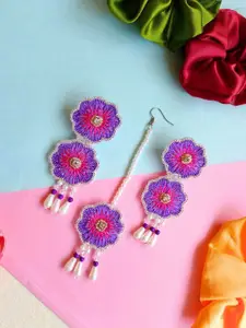 Sangria Purple Gold-Plated Artificial Beaded Floral Boho Bridal Maang Tika And Earrings