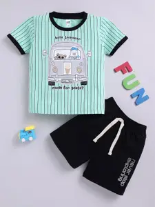 LITTLE NINJA Boys Striped Round Neck Pure Cotton T-Shirt With Shorts