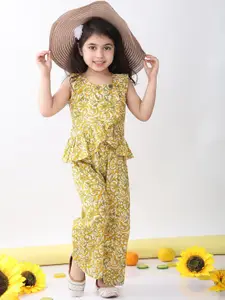 Sangria Girls Printed Round Neck Pure Cotton Top With Palazzo