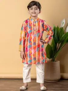 Readiprint Boys Floral Printed Band Collar Chanderi Silk Straight Kurta & Pyjamas