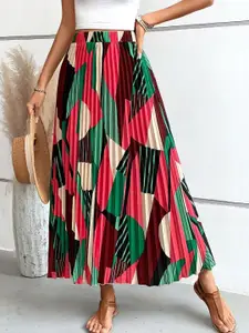 ZWERLON Printed Accordion Pleats Detail Flared Maxi Skirt