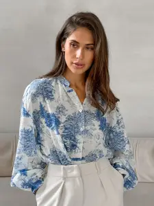 MIAKEE women Abstract Print Mandarin Collar Cuffed Sleeves Shirt Style Top