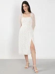 Vero Moda Women Floral Print Square Neck Puff Sleeves Fit & Flare Smocked Midi Dress