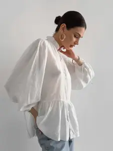 MIAKEE Women Tie-Up Neck Puff Sleeves Peplum Top