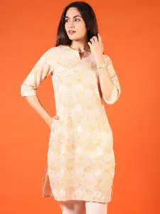 V-Mart Floral Printed Notch Neck Sequinned Cotton Straight Kurta