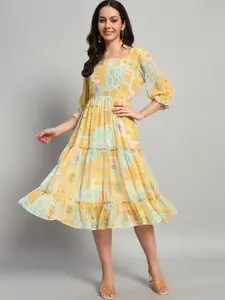 Chemistry Printed Puff Sleeve Chiffon Smocked Fit & Flare Midi Dress